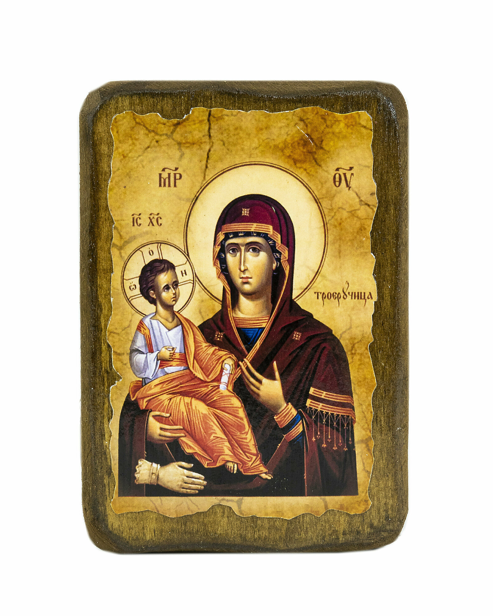 Икона под старину на состаренном дереве Пресвятая Богородица "Троеручица" 10х7 см
