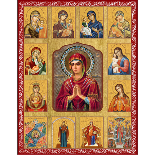 Икона Собор Богородичных икон с красной рамкой, арт ДМИ-005-1 икона собор богородичных икон с красной рамкой арт дми 034 2