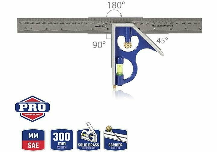 фото Комбинированный угольник WORKPRO с уровнем алюминиевый 300 мм (WP264002)