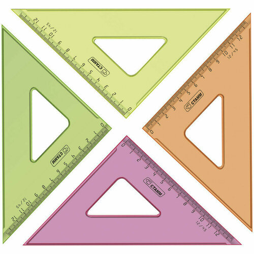 Треугольник 45°, 12см СТАММ, пластиковый, прозрачный, неоновые цвета, ассорти, 20 штук, 028396