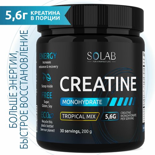 SOLAB Креатин моногидрат порошок 30 порций, Creatine Monohydrate, вкус тропик, 200 гр спортивное питание креатин моногидрат порошок creatine monohydrate 50 порций вкус груша банка 250 гр