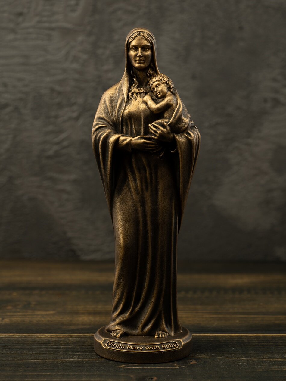Статуэтка Дева Мария с младенцем, высота 15 см, литьевой мрамор, цвет патина бронза — фото 1