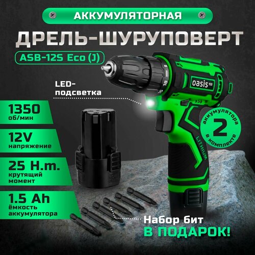 Дрель шуруповерт Oasis ASB-12S Eco аккумуляторный 18 Вт 25 Нм 1350 обмин электродрель для ремонта и строительства подсветка и индикатор уровня заряда набор бит 2 аккумулятора кейс в комплекте зеленая 2840₽