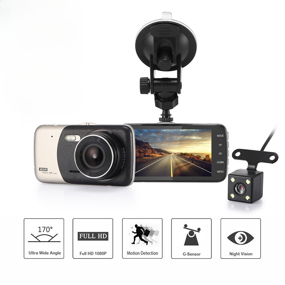 Автомобильный видеорегистратор c встроенным объективом и камерой заднего вида для парковки / Full HD 1080P / G-Sensor / 4-дюймовый LCD дисплей