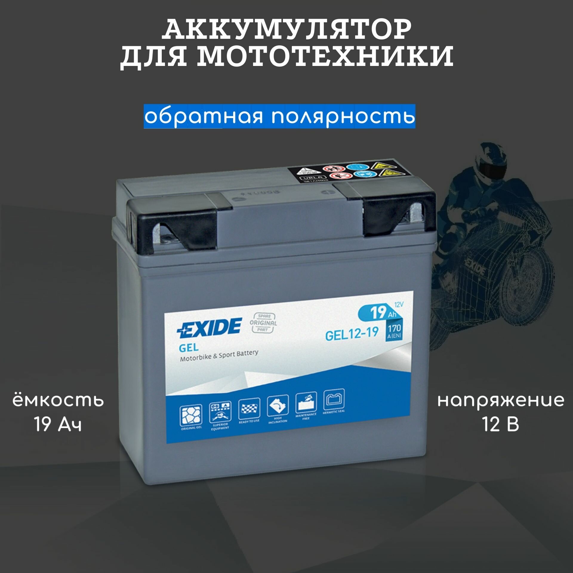 Мото аккумулятор EXIDE GEL 12-19 19 Ач