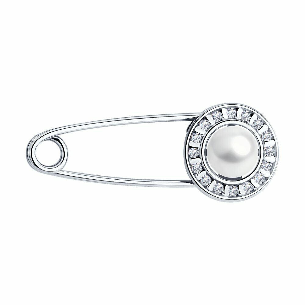 Брошь, серебро, 925 проба, родирование, фианит, жемчуг пресноводный культивированный