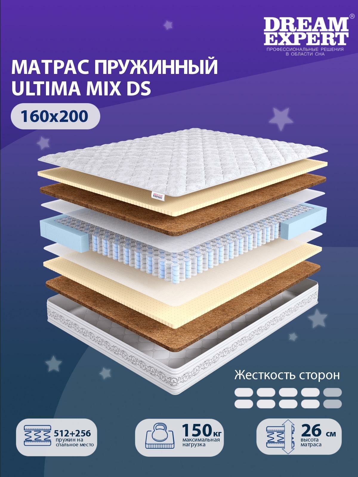 Матрас DreamExpert Ultima MIX DS выше средней жесткости, двуспальный, независимый пружинный блок, на кровать 160x200