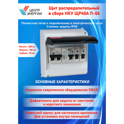 Щит распределительный в сборе НКУ ЩР40А П-06 IP 40 электрощиток для дачи, гаража, бани (1х2С40, 2Х1С16, 1хАВДТ-22С16) ЭКМ10