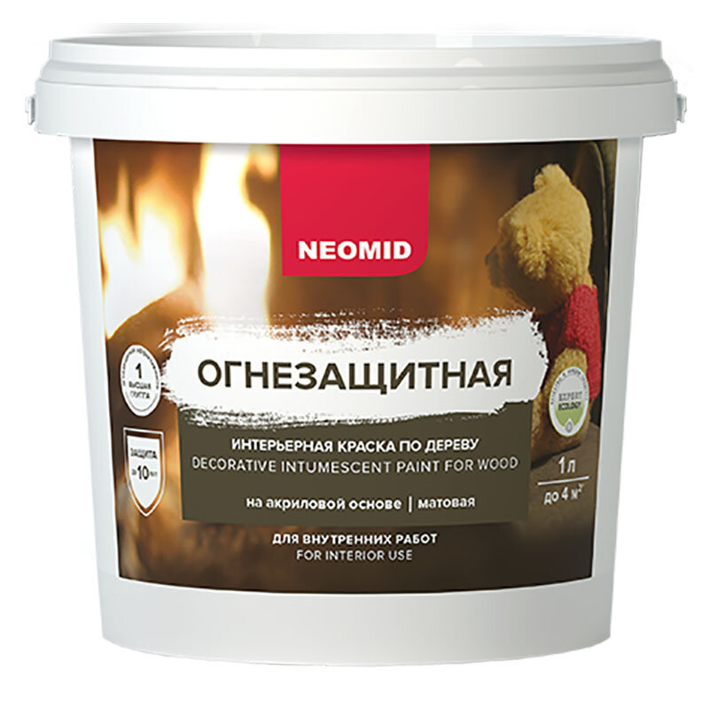 фото NEOMID краска огнезащитная интерьерная по дереву на акриловой основе (1л)