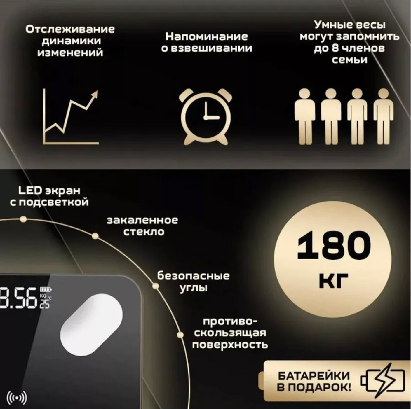 Напольные умные весы с расчётом 12 показателей качества тела совместимые для Android, IOS Черный - фотография № 4