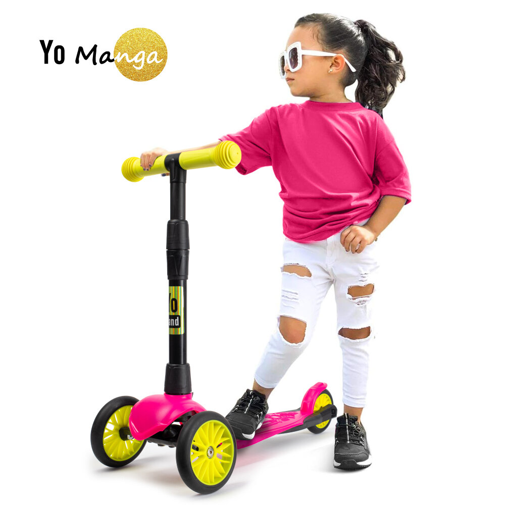 Самокат детский трехколесный Yo Manga стильный легкий бесшумный 3-колесный складной, розовый-желтый