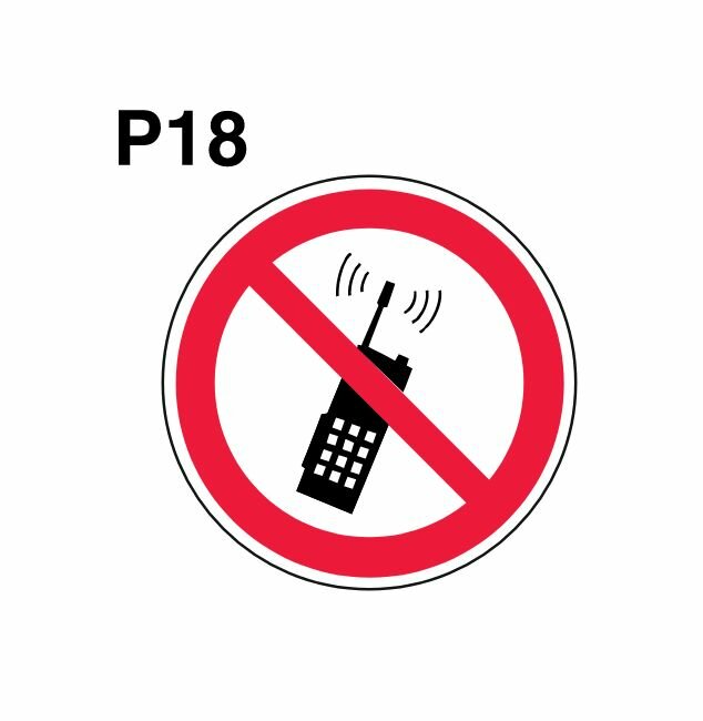 Несветящийся, круглый запрещающий знак P18 Запрещается пользоваться мобильным (сотовым) телефоном или переносной рацией (самоклеящаяся ПВХ плёнка, 350*350*0,1 мм, 1 шт, ГОСТ 12.4.026-2015)