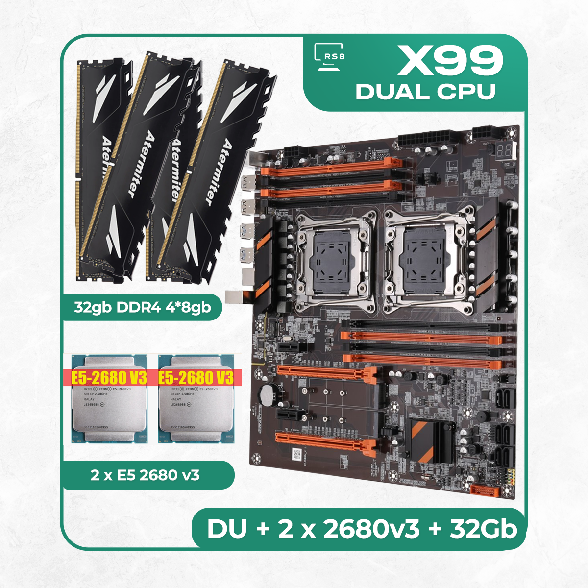 Комплект материнской платы X99: ZX-DU99D4 + 2 x Xeon E5 2680v3 + DDR4 32Гб Atermiter 2666Mhz 4х8Гб