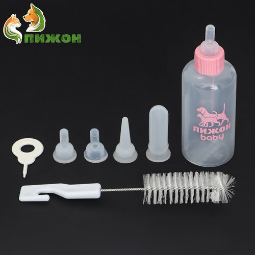 Набор для вскармливания Пижон бутылочка 60 мл с 4 сосками и ершиком розовый 407₽