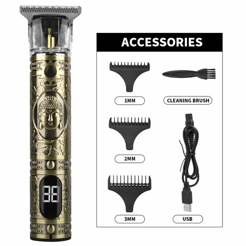 Электрическая машинка для стрижки волос T9 с цифровым дисплеем и бронзовой насадкой в форме головы Будды 87200₽