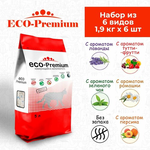 Наполнитель для кошачьего туалета комкующийся древесный ECO Premium Микс 6шт х 1.9кг