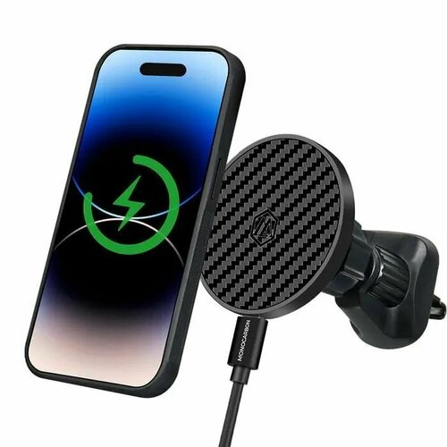 Автомобильный держатель для телефона с беспроводной зарядкой и питанием от прикуривателя / Carbon Fiber Magsafe Car Mount with Wireless Charger + Carbon Fiber Car Charger