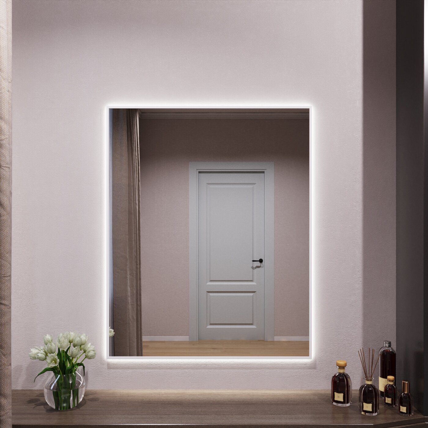 Зеркало с подсветкой в алюминиевой раме настенное Market-house 110х80 см. Свет: Нейтральный Белый 6000К. Белое