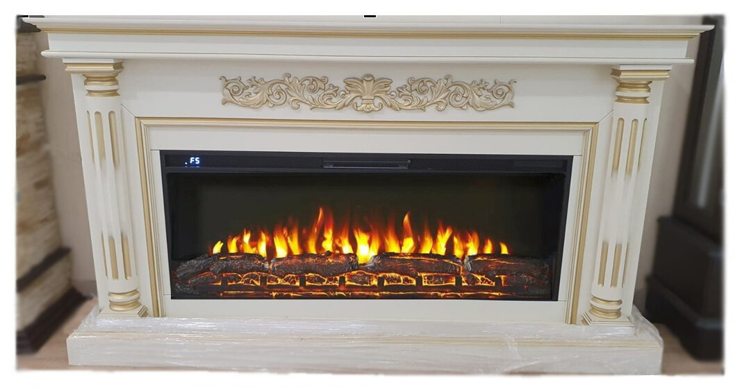 фото Электрокамин Royal Flame Sicilia Сицилия с золотой патиной с линейным очагом обогревом, ширина 1,5 метра