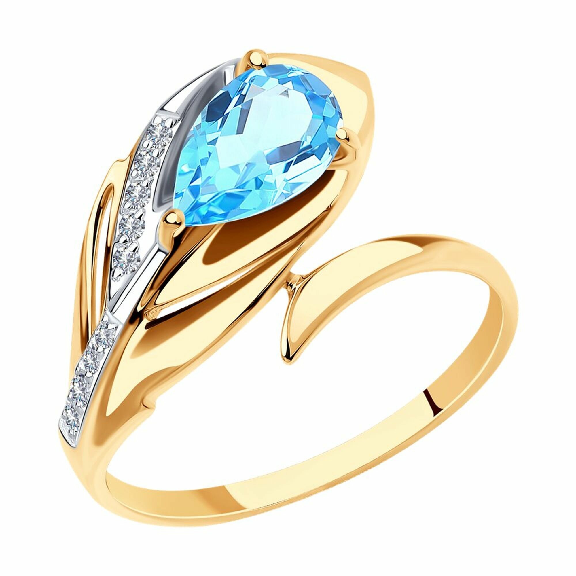 Кольцо Diamant online, красное золото, 585 проба, топаз, фианит, размер 17.5, голубой