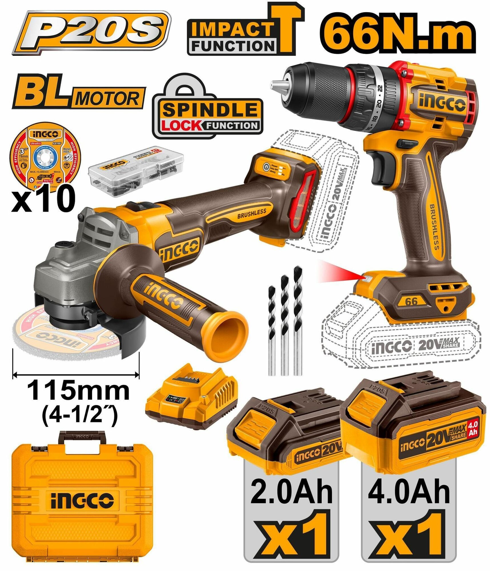 Набор 20В, BL шуруповерт 66Нм и УШМ SUPER INGCO CKLI20273 INDUSTRIAL