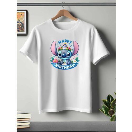фото Футболка oneq унисекс 56-58 (3xl) размер с принтом стич, белая, размер 3xl, белый