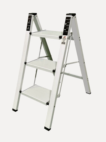 Изображение товара Стремянка Алюминиевая Milano 3 Широкие Ступени Белая Рабочая Высота: 2.67 М, Нагрузка 150 Кг.