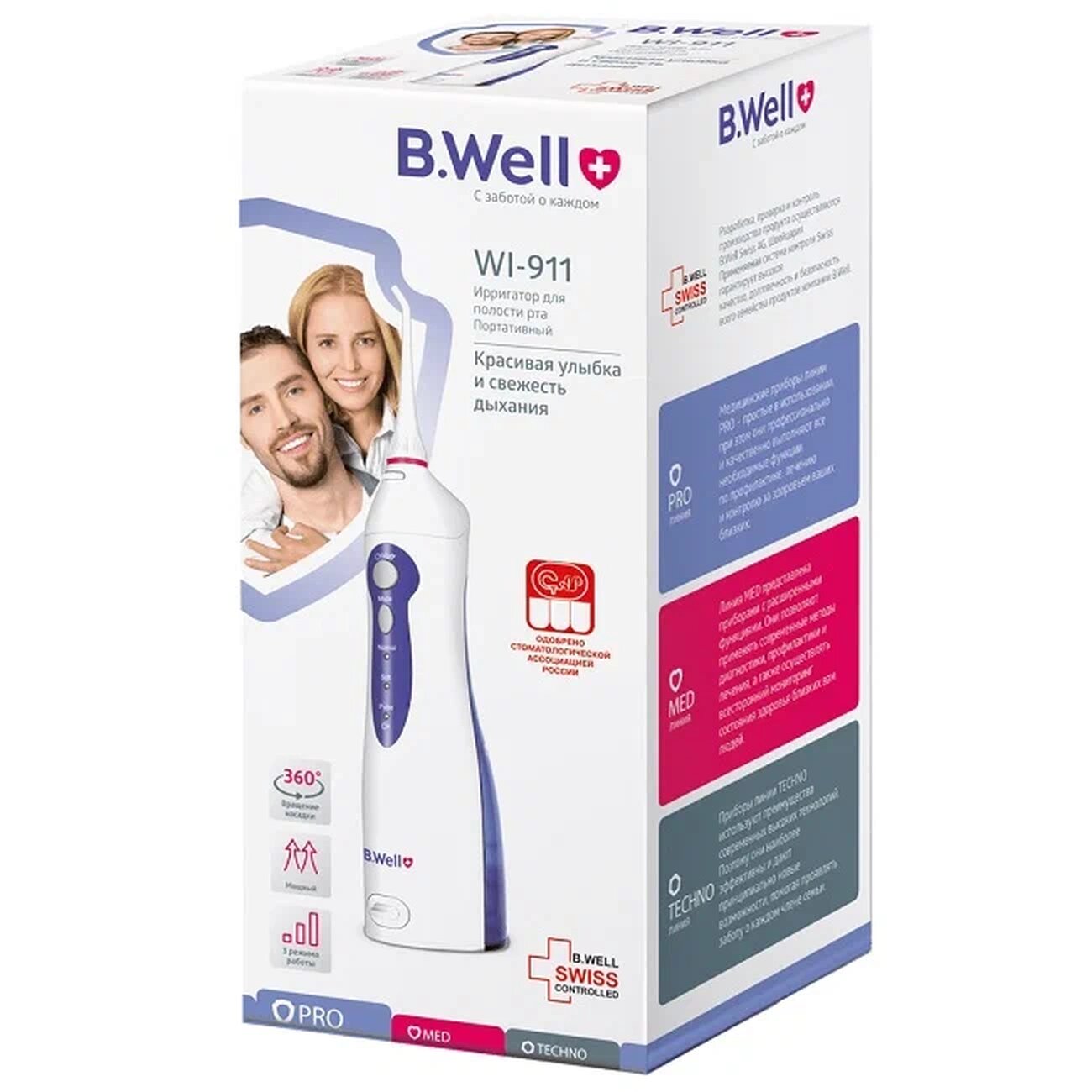 Ирригатор B.Well WI-911 для полости рта, импульсный, портативный, белый/синий