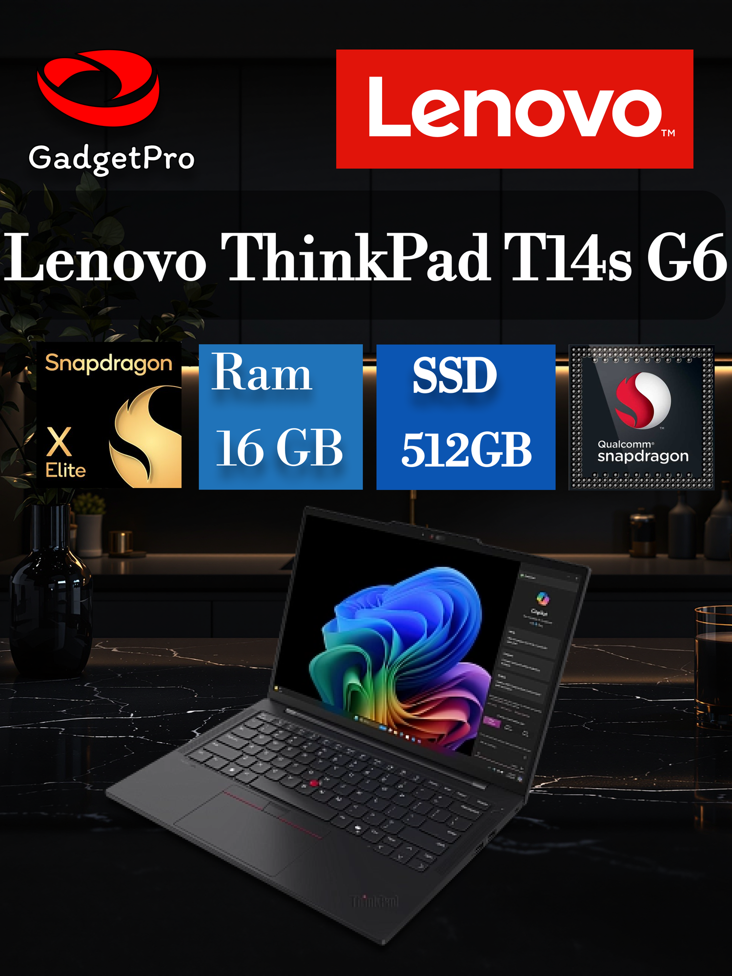 Ноутбук Lenovo ThinkPad T14s G6 14" IPS WUXGA, Snapdragon X Elite X1E-78-100, 32ГБ, SSD 512ГБ, Win11, подсветка, чёрный