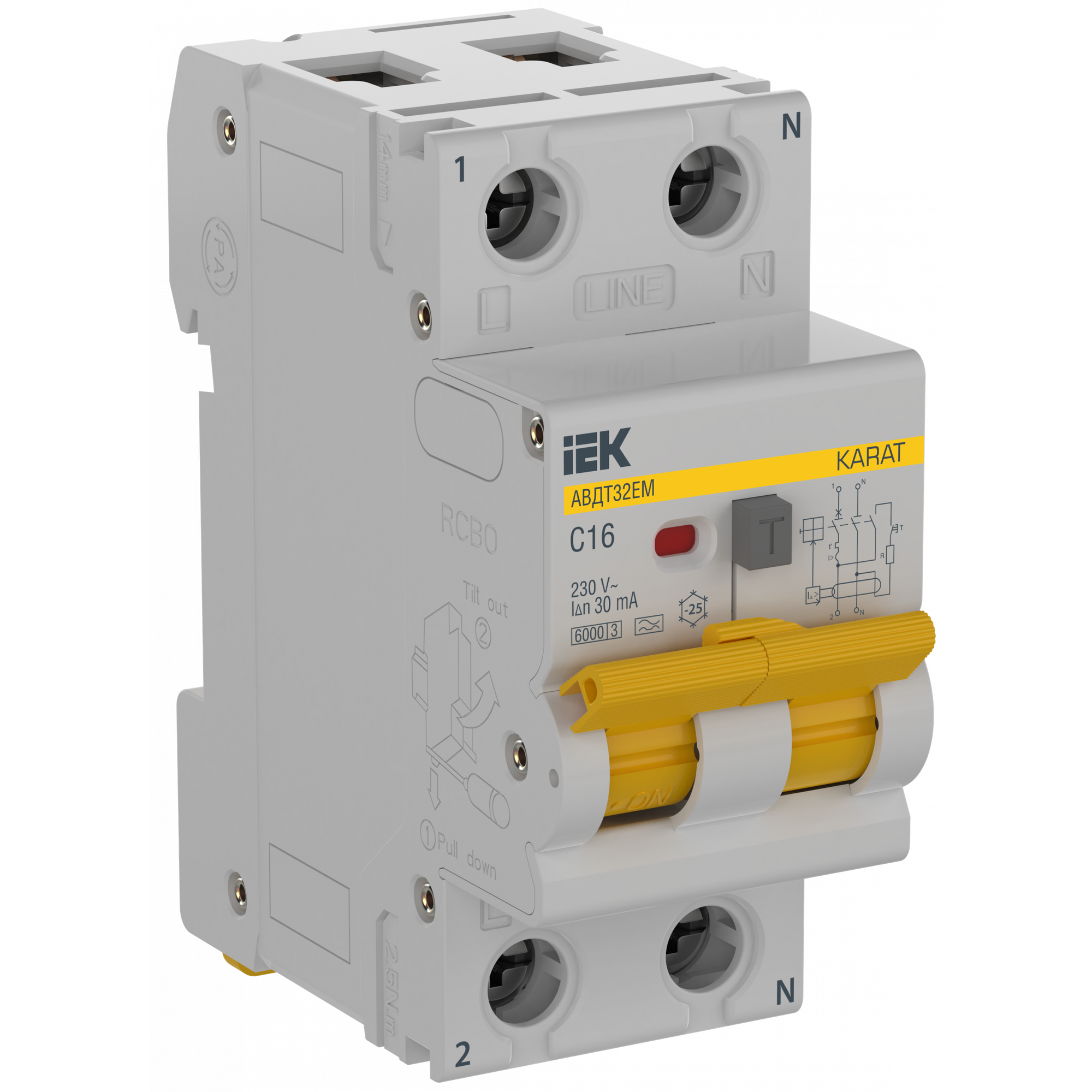 KARAT Автоматический выключатель дифференциального тока АВДТ32EM 1P+N C16 30мА тип A IEK KA-VD14-1-016-C-030-A (1 шт.)