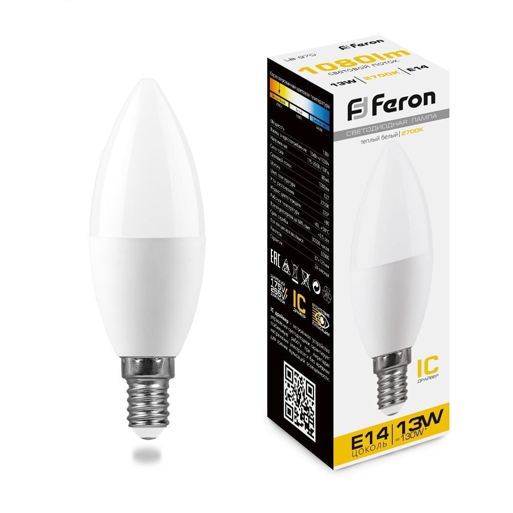 Лампа светодиодная Feron LED 13 Вт, цоколь E14, теплый, матовая, свеча