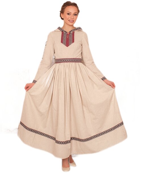 Платье женское бежевое с капюшоном и пышной юбкой осеннее теплое с длинным рукавом льняное славянское в русском стиле Горожанка, 46 размер