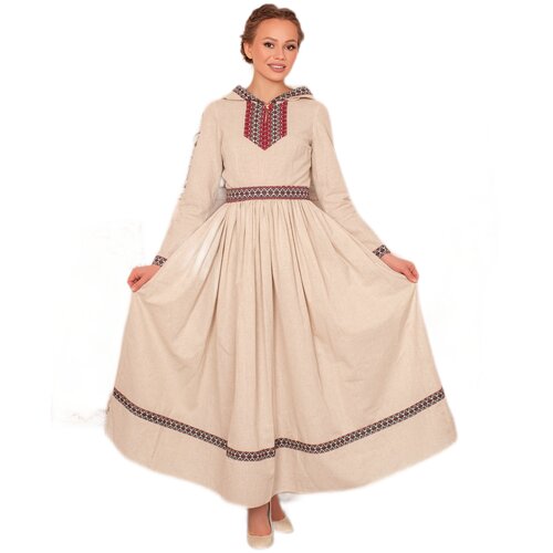 Платье женское бежевое с капюшоном и пышной юбкой осеннее теплое с длинным рукавом льняное славянское в русском стиле Горожанка, 46 размер