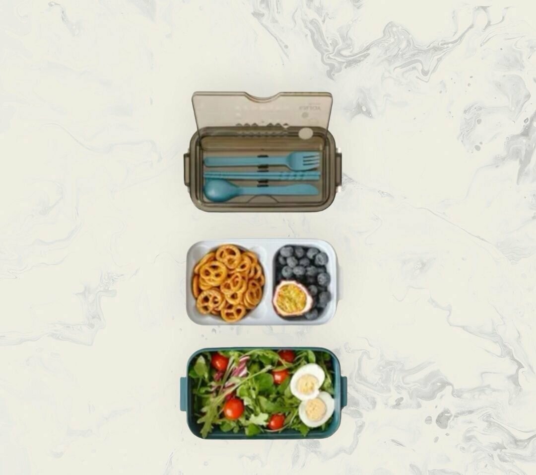 Ланч бокс контейнер для еды с отделениями и приборами, зеленый - фотография № 5