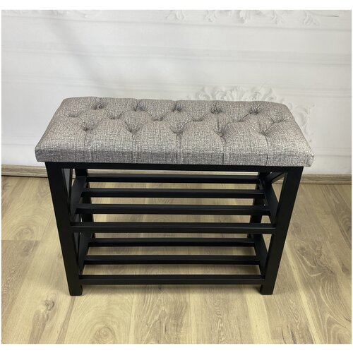 Обувница банкетка Лофт каркас металл с полками для обуви в прихожую с мягким сиденьем в каретной стяжке. Серый