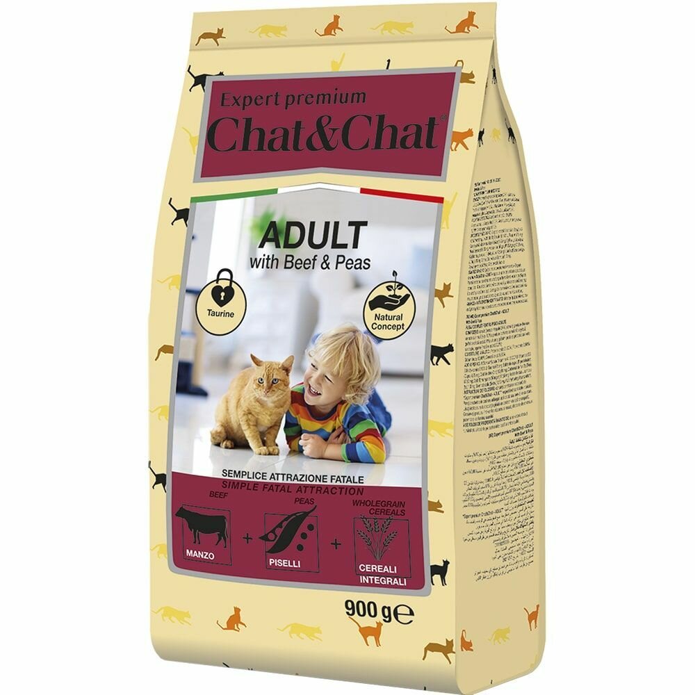 Сухой корм Chat&Chat Expert Premium Adult with beef & peas, для взрослых кошек с говядиной и горохом, 900г - фотография № 1