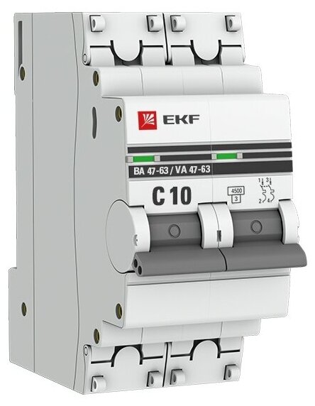 Автоматический выключатель 2P 10А (C) 4,5kA ВА 47-63, EKF PROxima