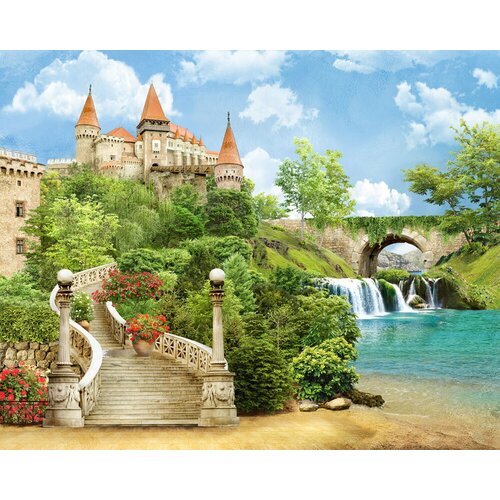 Моющиеся виниловые фотообои GrandPiK Средневековый замок и водопад, 350х280 см