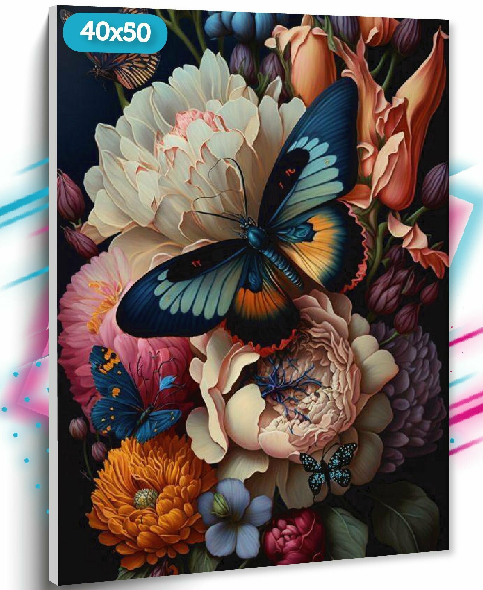 Алмазная мозаика на подрамнике "Бабочка" , 40х50 см, Вышивка круглыми стразами, Набор для творчества, Полная выкладка "ТТ", с цветами