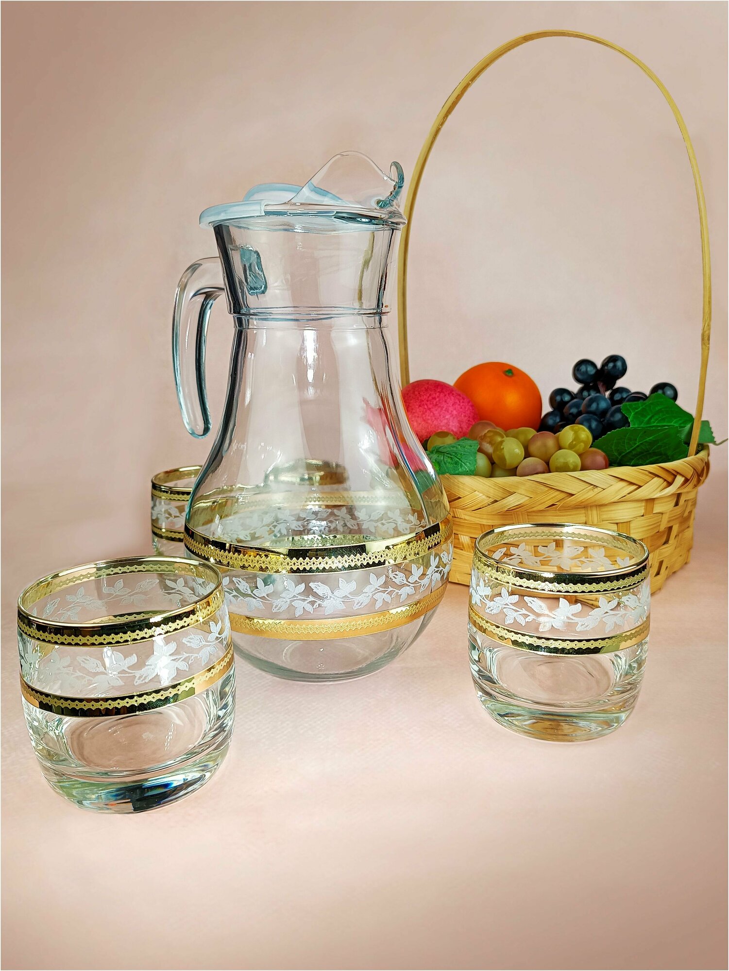 Подарочный набор посуды 7 предметов с алмазной гравировкой PROMSIZ Лоза / Кувшин с крышкой для напитков 1800 мл / Стаканы для воды 310 мл 6 шт.