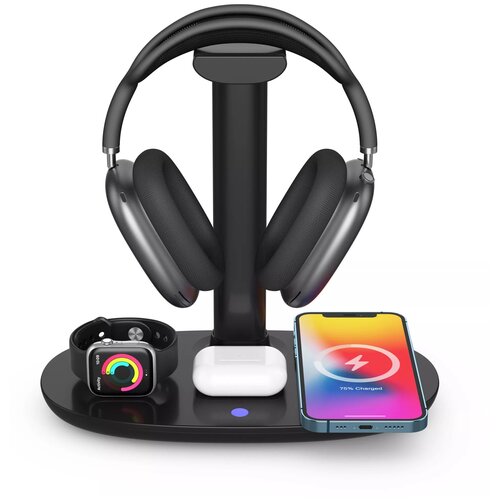 Беспроводное зарядное устройство 4 in 1 Headphone Stand Wireless Charger черный ( для iPhone, iWatch, Airpods )