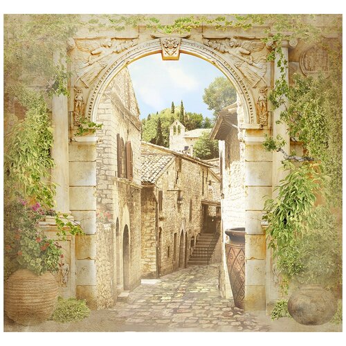 Фотообои Уютная стена Улочка с аркой в старом итальянском городке 290х270 см Виниловые Бесшовные (единым полотном)