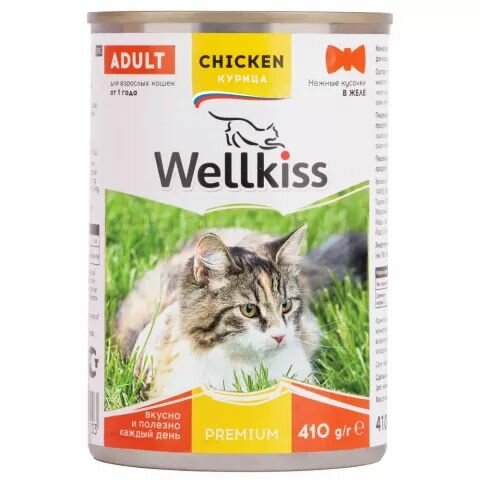 Wellkiss Влажный корм консервы для кошек, нежные кусочки с курицей в желе, 410 гр, 4 шт - фотография № 1