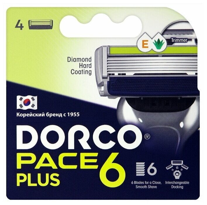 Сменные кассеты Dorco PACE6 Plus (4 кассеты), 6-лезвийные + лезвие-триммер, увл. полоса, крепление PACE