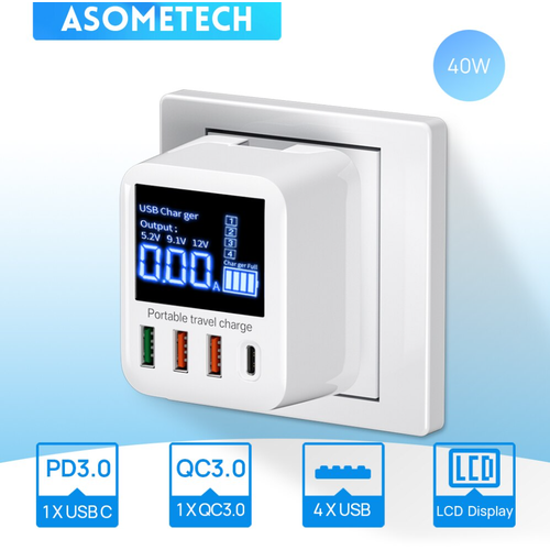 Сетевое зарядное устройство ASOMETECH с 4 USB-портами и светодиодным дисплеем, 40Вт