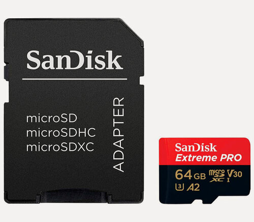 Изображение товара Карта памяти SanDisk MicroSDXC 64GB Extreme PRO A2 V30 UHS-I U3 200/90 МБ/с, с адаптером
