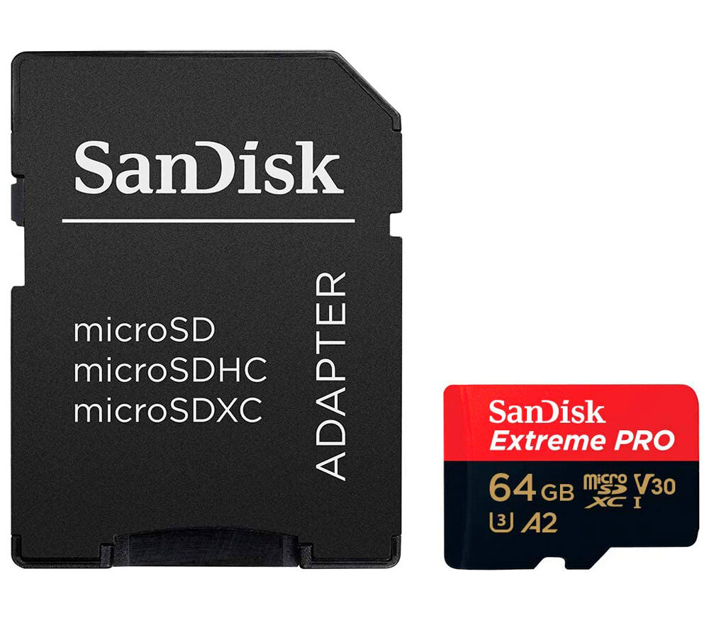 Карта памяти SanDisk MicroSDXC 64GB Extreme PRO A2 V30 UHS-I U3 200/90 МБ/с, с адаптером