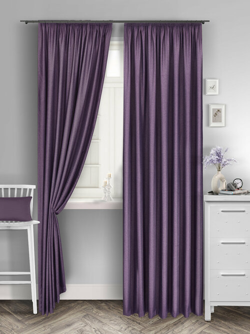 Комплект штор для комнаты блэкаут рогожка на ленте 60 мм, две портьеры общей шириной 500 см и высотой 250 см, фиолетовый цвет