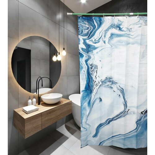 Штора для ванной комнаты 180х180 фотопринт Polyester 20077 с кольцами Голубой мрамор (П219) SANTREK HOME