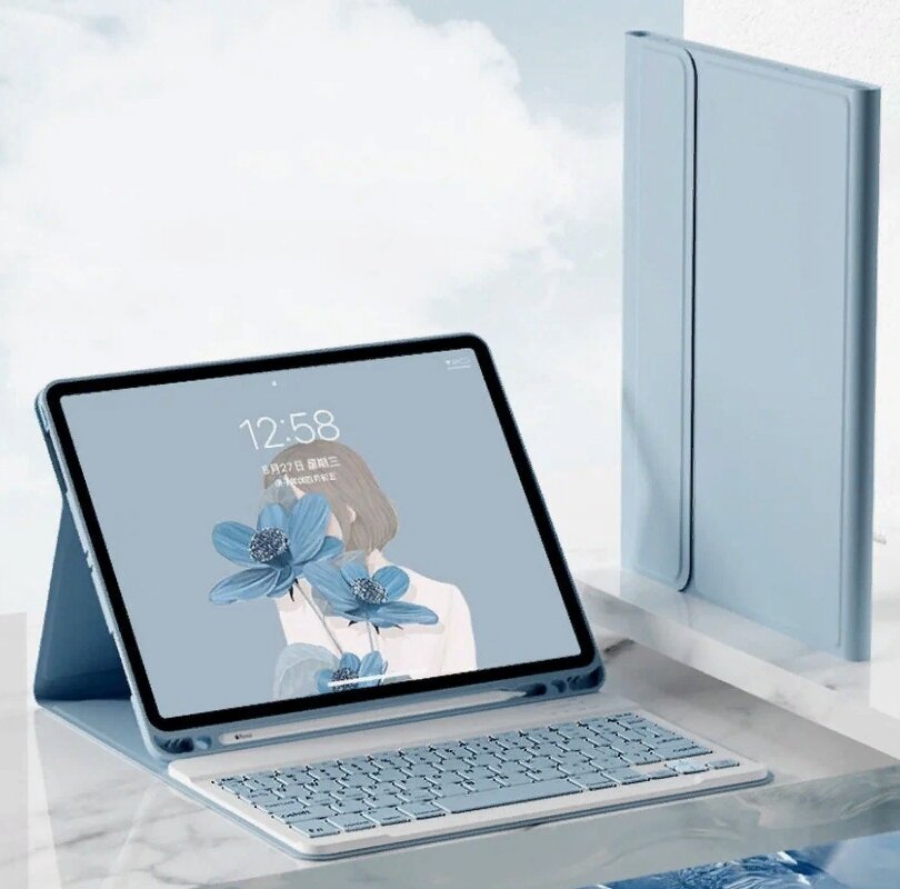 Клавиатура с чехлом MyPads Tasti Keyboard для iPad 10 10.9 2022 (MPQ MQ6K3/U3/W3/M3/J3/V3) голубая кожаная